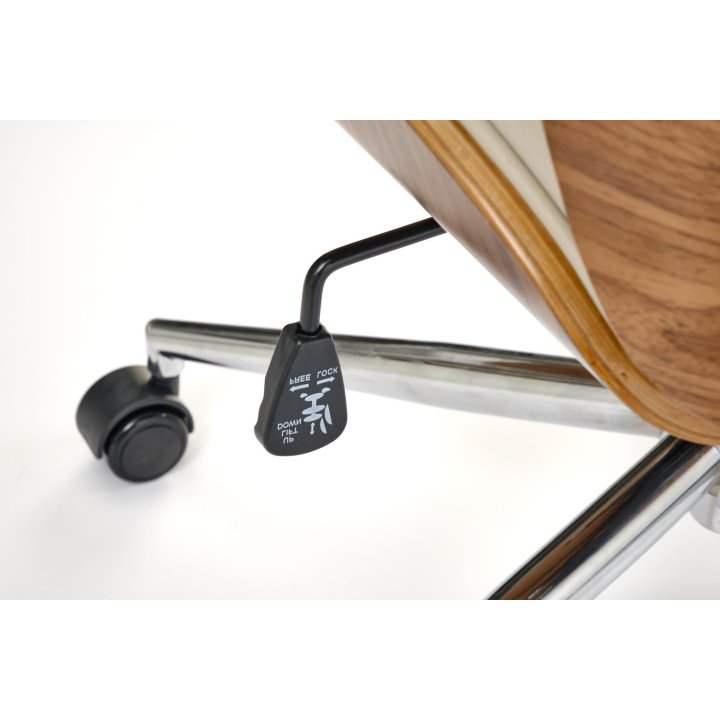 Fotel gabinetowy obrotowy klasyczny nowoczesny, kolor beżowy, orzechowy, eko skóra, sklejka gięta, kółka kauczukowe