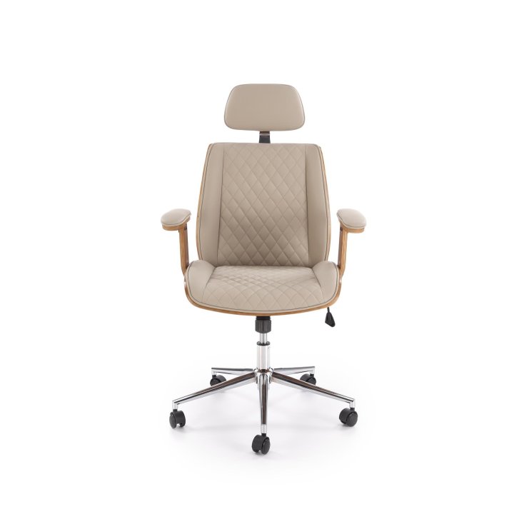 Fotel gabinetowy obrotowy klasyczny nowoczesny, kolor beżowy, orzechowy, eko skóra, sklejka gięta, kółka kauczukowe
