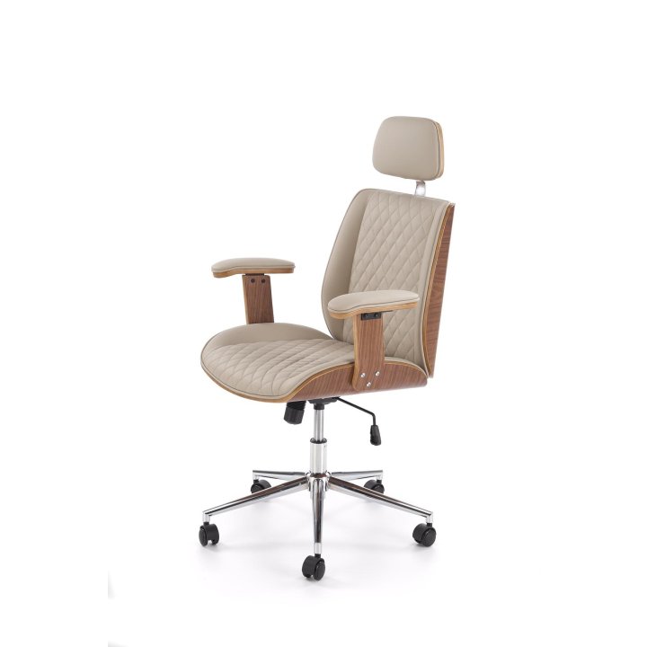 Fotel gabinetowy obrotowy klasyczny nowoczesny, kolor beżowy, orzechowy, eko skóra, sklejka gięta, kółka kauczukowe