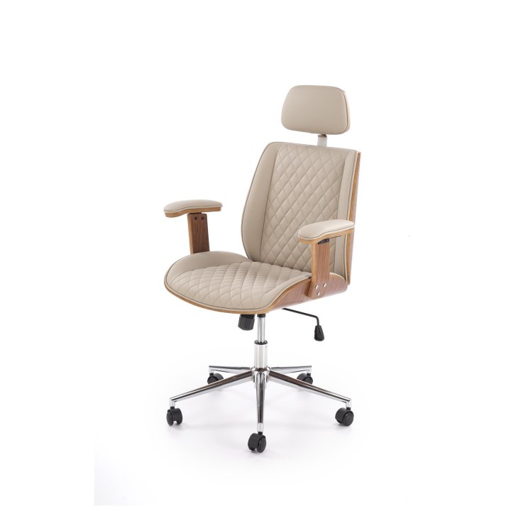 Fotel gabinetowy obrotowy klasyczny nowoczesny, kolor beżowy, orzechowy, eko skóra, sklejka gięta, kółka kauczukowe