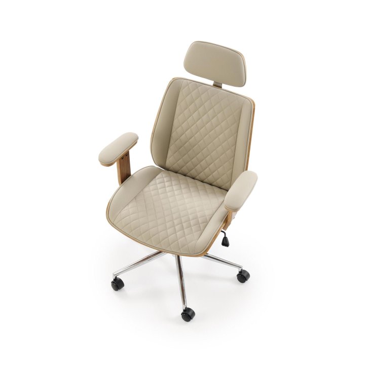 Fotel gabinetowy obrotowy klasyczny nowoczesny, kolor beżowy, orzechowy, eko skóra, sklejka gięta, kółka kauczukowe