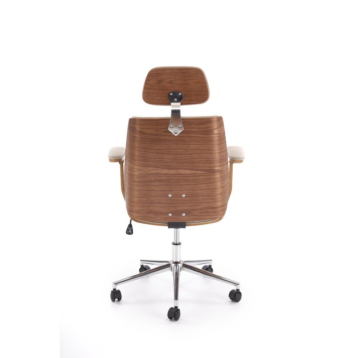 Fotel gabinetowy obrotowy klasyczny nowoczesny, kolor beżowy, orzechowy, eko skóra, sklejka gięta, kółka kauczukowe