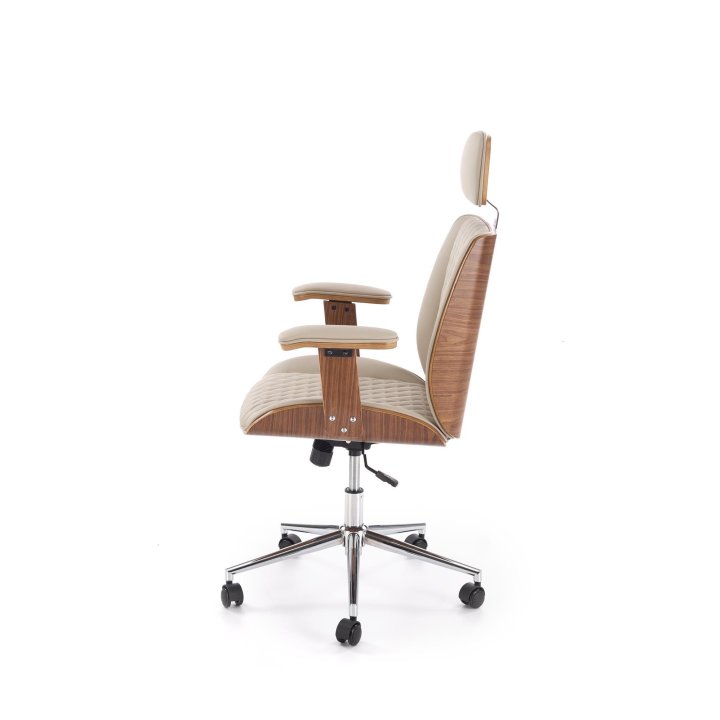 Fotel gabinetowy obrotowy klasyczny nowoczesny, kolor beżowy, orzechowy, eko skóra, sklejka gięta, kółka kauczukowe