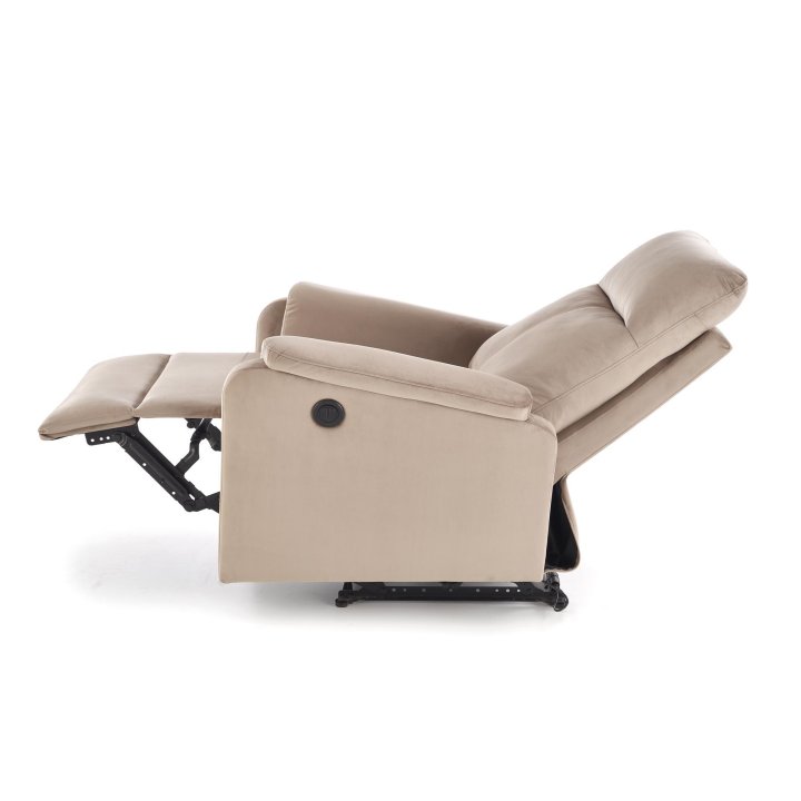 Fotel do salonu w kolorze beżowym z funkcją elektrycznego rozkładania, funkcja relax, tkanina velvet BLUVEL