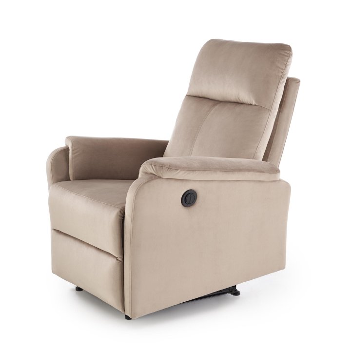 Fotel do salonu w kolorze beżowym z funkcją elektrycznego rozkładania, funkcja relax, tkanina velvet BLUVEL