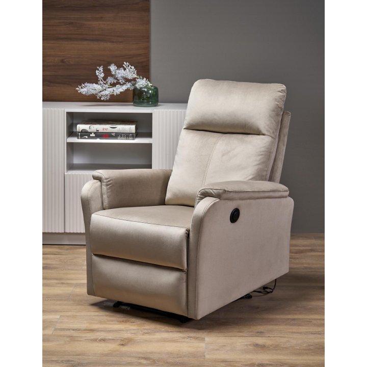 Fotel do salonu w kolorze beżowym z funkcją elektrycznego rozkładania, funkcja relax, tkanina velvet BLUVEL