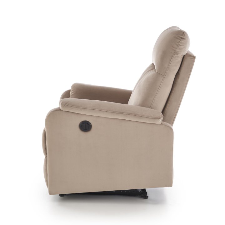 Fotel do salonu w kolorze beżowym z funkcją elektrycznego rozkładania, funkcja relax, tkanina velvet BLUVEL
