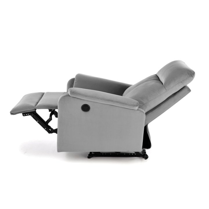 Fotel do salonu w kolorze popielatym z funkcją elektrycznego rozkładania, funkcja relax, tkanina velvet BLUVEL