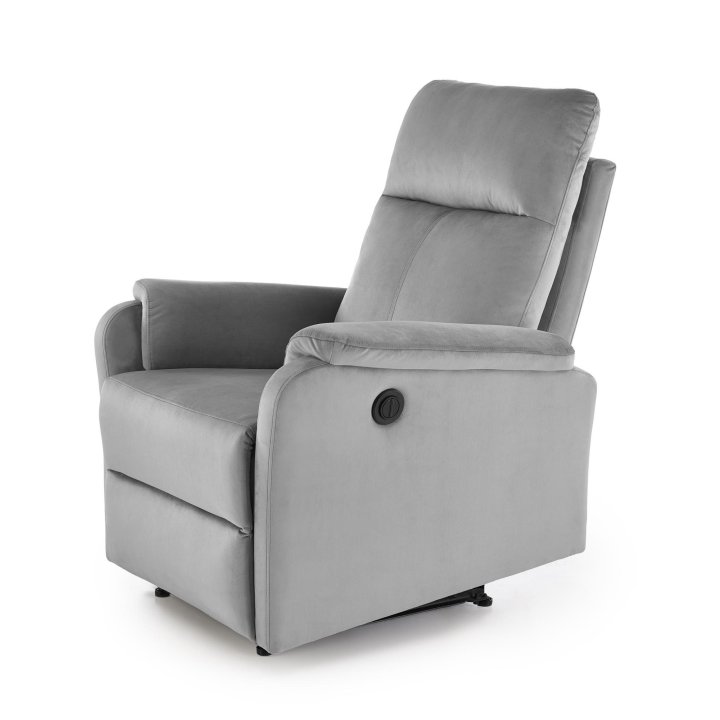 Fotel do salonu w kolorze popielatym z funkcją elektrycznego rozkładania, funkcja relax, tkanina velvet BLUVEL