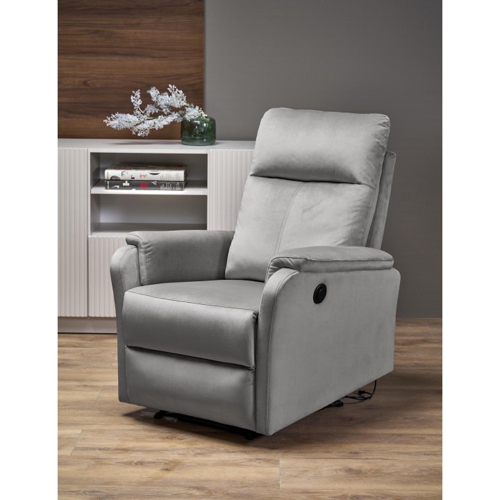 Fotel do salonu w kolorze popielatym z funkcją elektrycznego rozkładania, funkcja relax, tkanina velvet BLUVEL