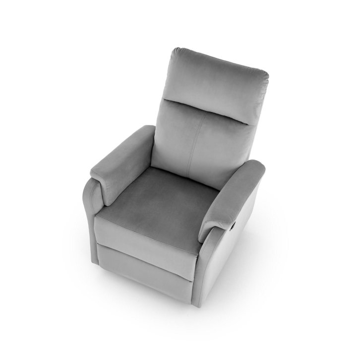 Fotel do salonu w kolorze popielatym z funkcją elektrycznego rozkładania, funkcja relax, tkanina velvet BLUVEL