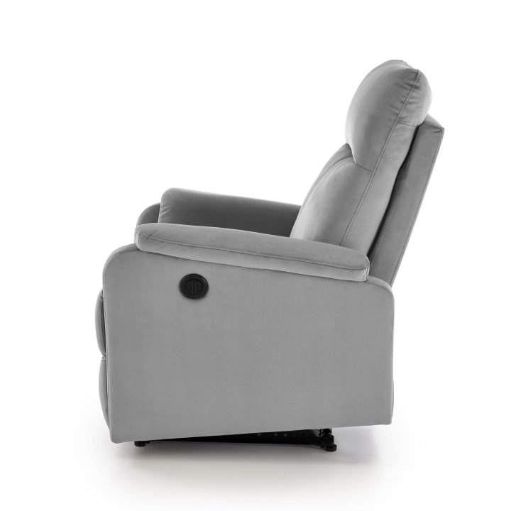 Fotel do salonu w kolorze popielatym z funkcją elektrycznego rozkładania, funkcja relax, tkanina velvet BLUVEL