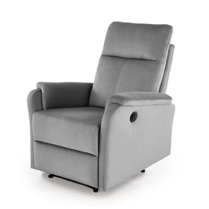 Fotel do salonu w kolorze popielatym z funkcją elektrycznego rozkładania, funkcja relax, tkanina velvet BLUVEL