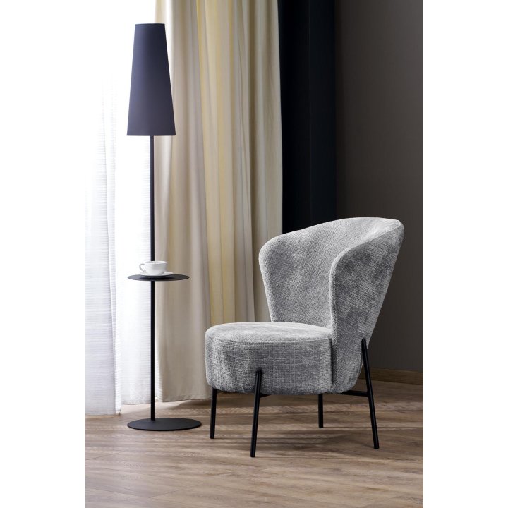 Fotel do salonu, glamour, popielaty na czarnych metalowych nóżkach, tkanina CREMONA