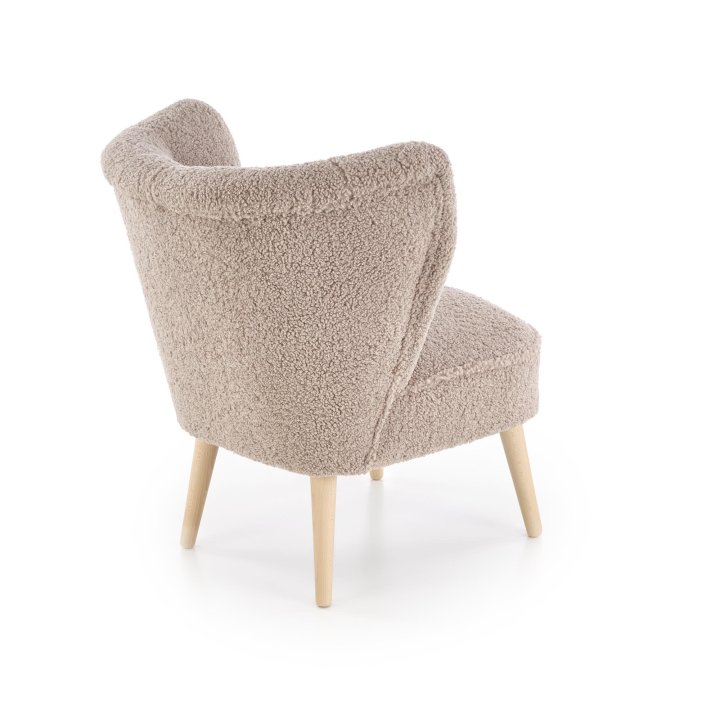 Fotel do salonu nowoczesny, tkanina SVEN, kolor cappuccino i nóżki drewniane w kolorze naturalnym