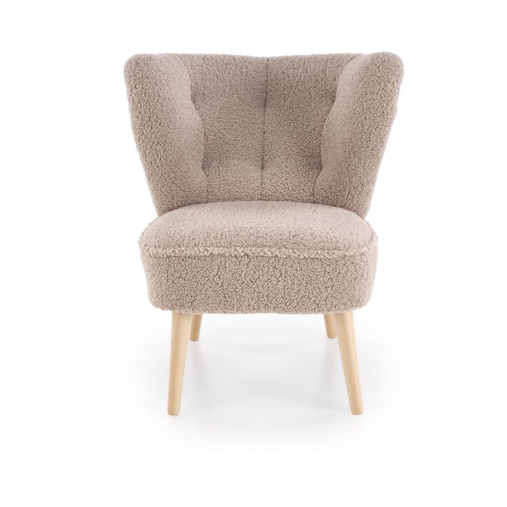 Fotel do salonu nowoczesny, tkanina SVEN, kolor cappuccino i nóżki drewniane w kolorze naturalnym