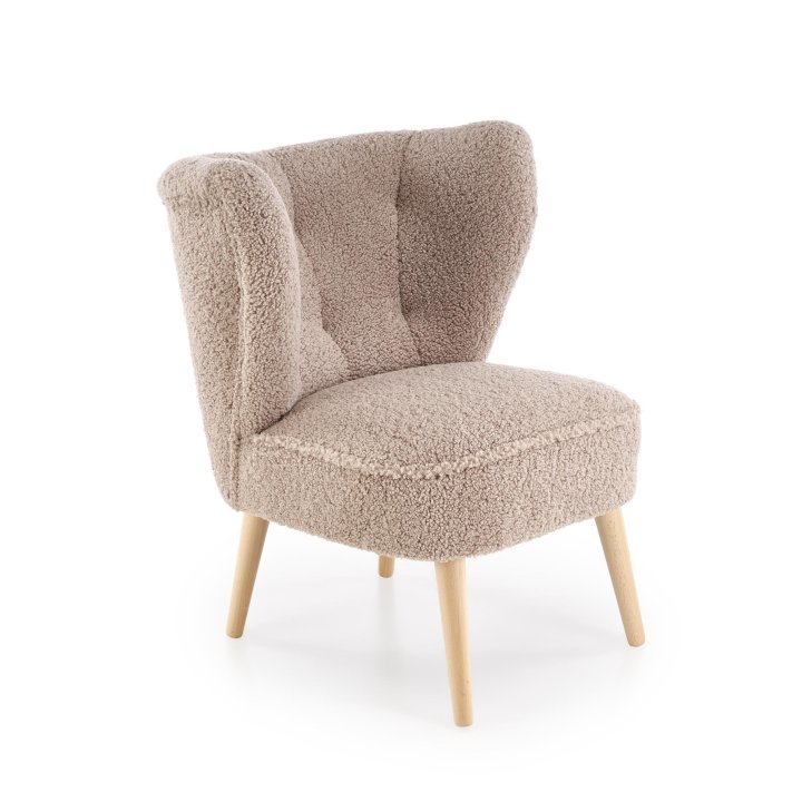 Fotel do salonu nowoczesny, tkanina SVEN, kolor cappuccino i nóżki drewniane w kolorze naturalnym