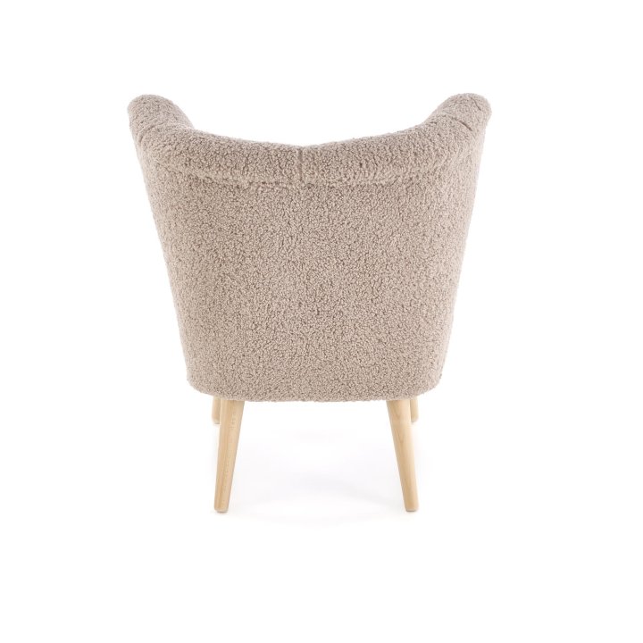 Fotel do salonu nowoczesny, tkanina SVEN, kolor cappuccino i nóżki drewniane w kolorze naturalnym