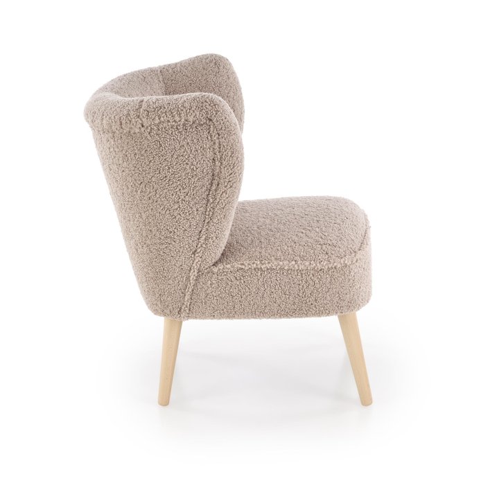 Fotel do salonu nowoczesny, tkanina SVEN, kolor cappuccino i nóżki drewniane w kolorze naturalnym