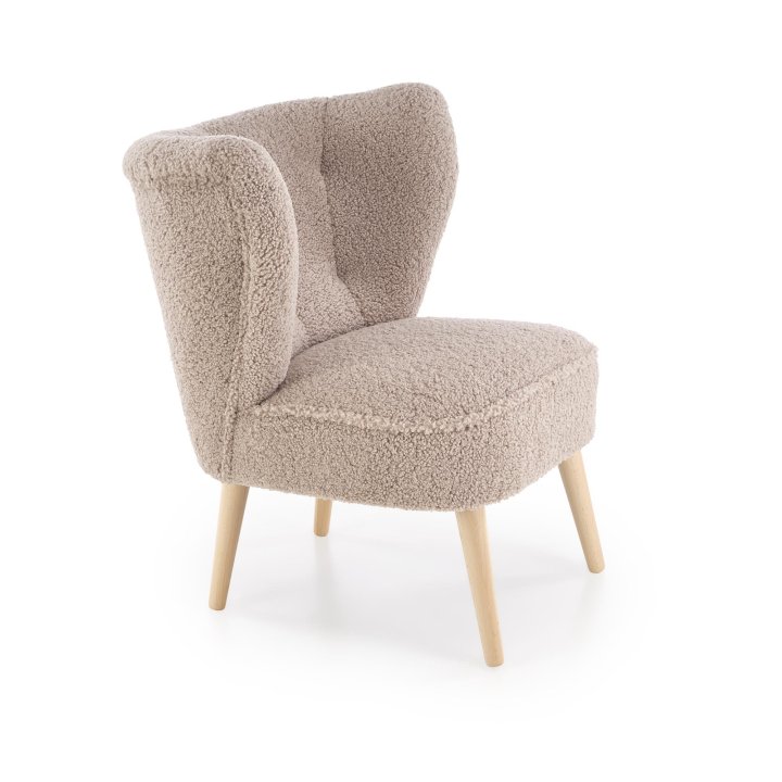 Fotel do salonu nowoczesny, tkanina SVEN, kolor cappuccino i nóżki drewniane w kolorze naturalnym