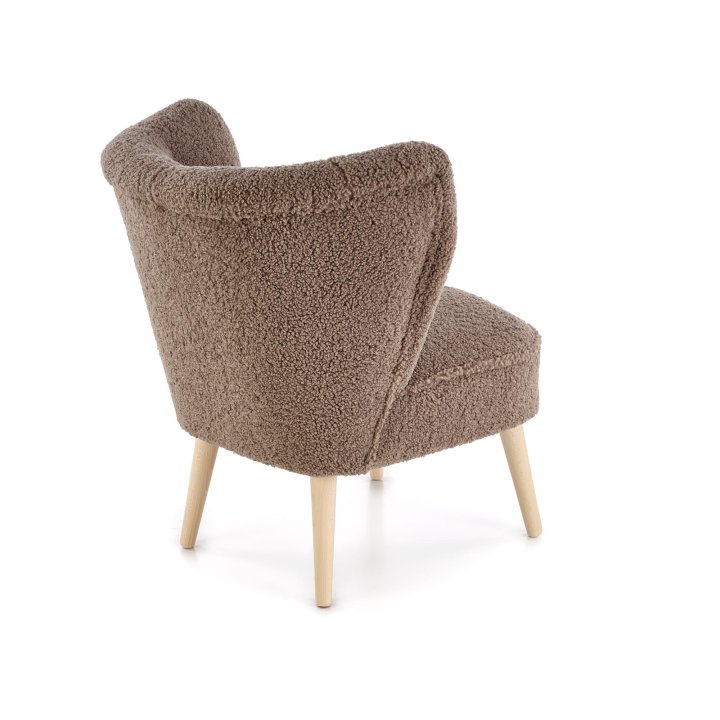 Fotel do salonu nowoczesny, tkanina SVEN, kolor ciemny brązowy i nóżki drewniane w kolorze naturalnym