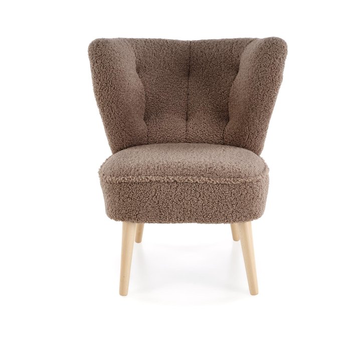 Fotel do salonu nowoczesny, tkanina SVEN, kolor ciemny brązowy i nóżki drewniane w kolorze naturalnym