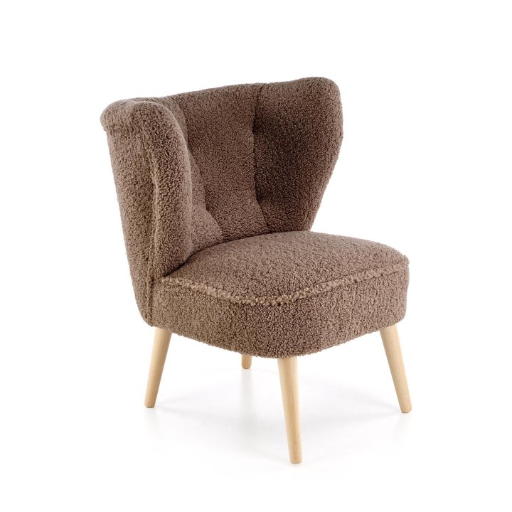 Fotel do salonu nowoczesny, tkanina SVEN, kolor ciemny brązowy i nóżki drewniane w kolorze naturalnym