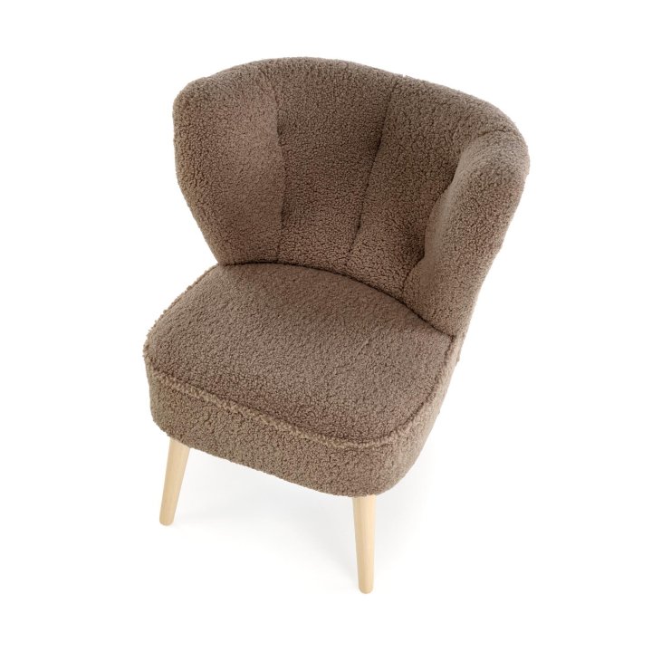 Fotel do salonu nowoczesny, tkanina SVEN, kolor ciemny brązowy i nóżki drewniane w kolorze naturalnym