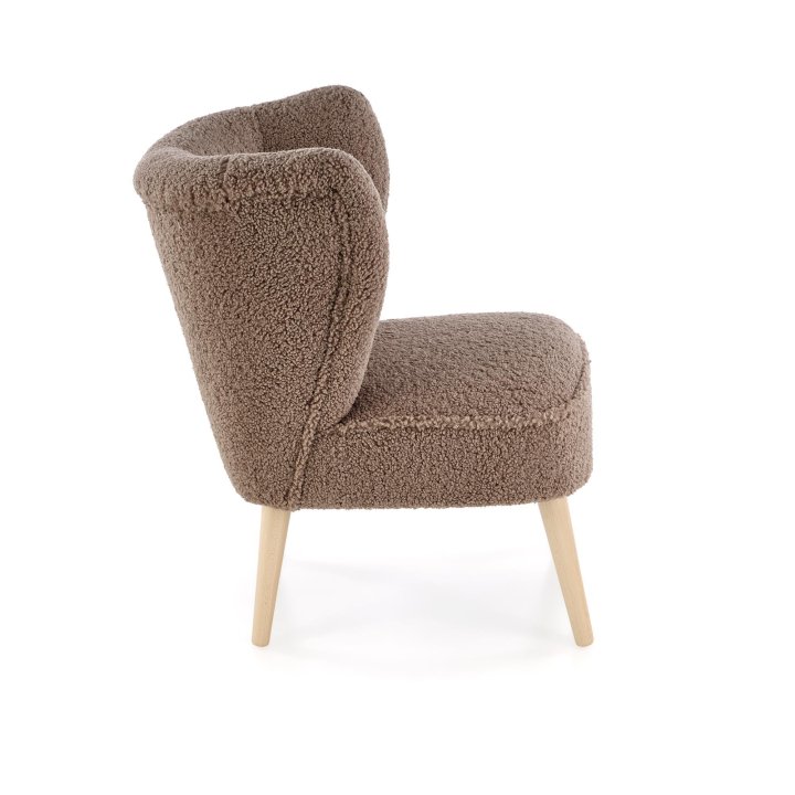 Fotel do salonu nowoczesny, tkanina SVEN, kolor ciemny brązowy i nóżki drewniane w kolorze naturalnym