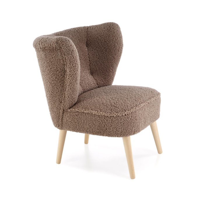 Fotel do salonu nowoczesny, tkanina SVEN, kolor ciemny brązowy i nóżki drewniane w kolorze naturalnym