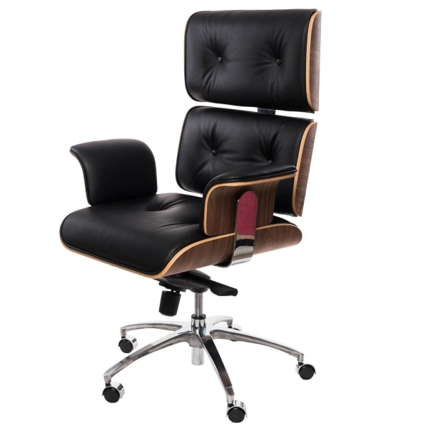 Fotel biurowy VIP czarna skóra,orzechowy fornir, chrom - D2 DESIGN