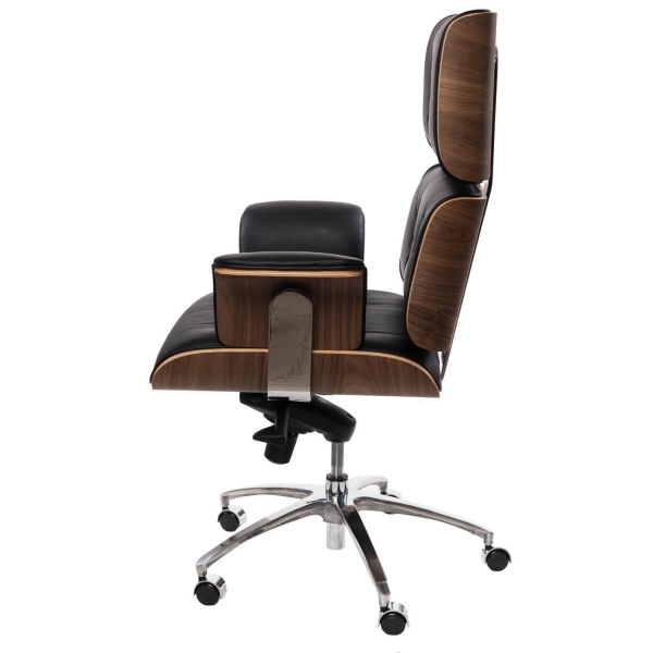 Fotel biurowy VIP czarna skóra,orzechowy fornir, chrom - D2 DESIGN