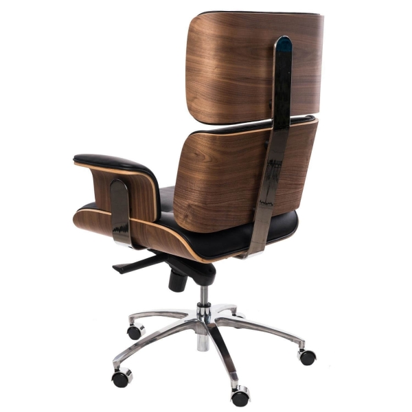 Fotel biurowy VIP czarna skóra,orzechowy fornir, chrom - D2 DESIGN
