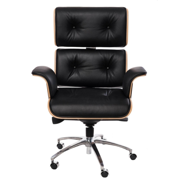 Fotel biurowy VIP czarna skóra,orzechowy fornir, chrom - D2 DESIGN